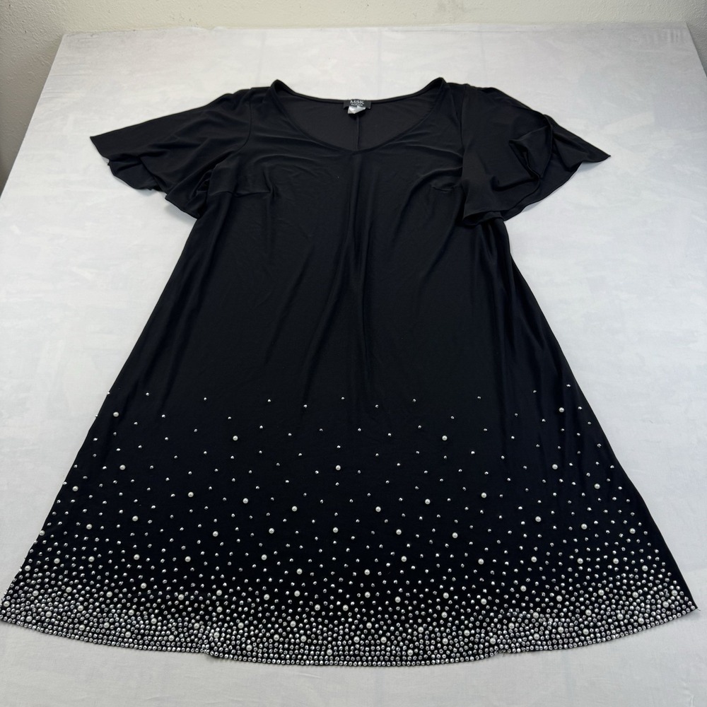 MSK Women 1X Black Flutter Sleeve Dress Pearl Rhinestone Hem